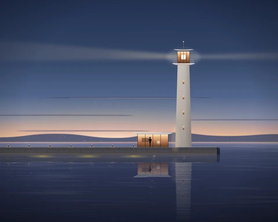 Illustration: a harbour beacon lit at dusk at the end of a breakwater, its keeper's pavilion beside it