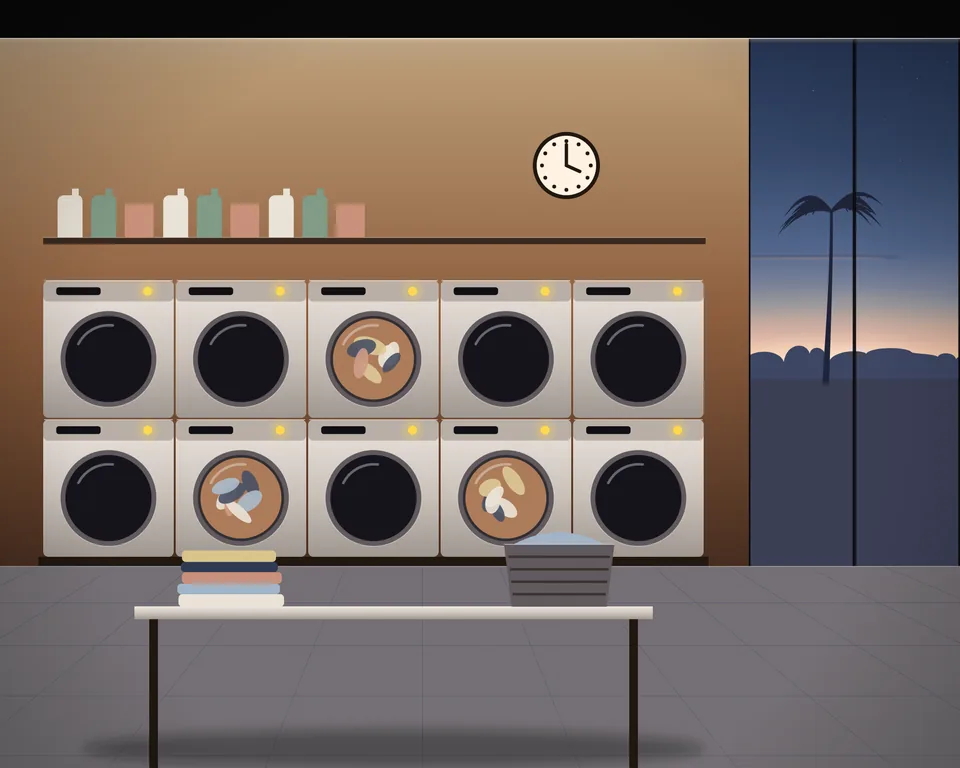 Illustration: a self-service laundry in the evening, a wall of washing machines with round lit doors and a folding table with folded clothes