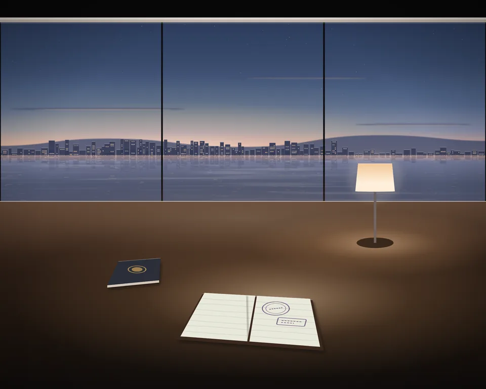 Illustration: an open passport with two entry stamps and a closed passport under a desk lamp, by a window onto the bay at dusk