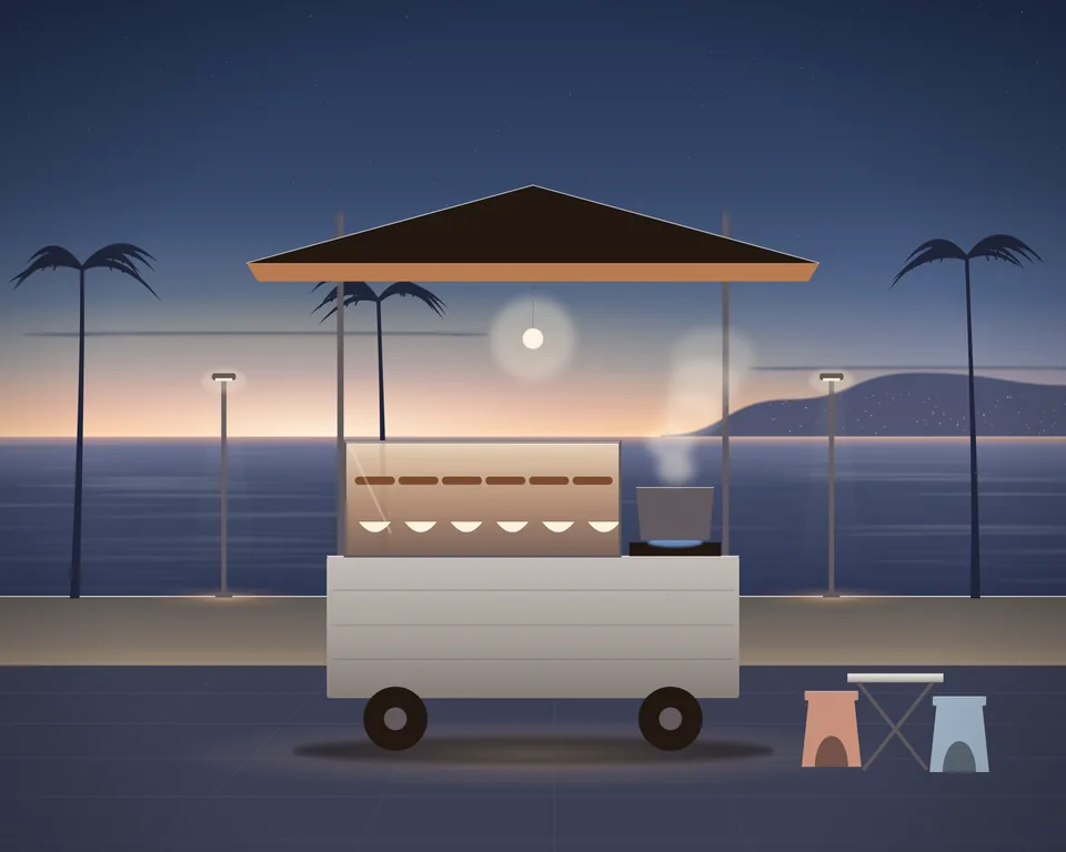 Illustration: a street-food cart on the beach road at dusk, its glass case lit, a pot steaming, two stools beside it and the bay behind