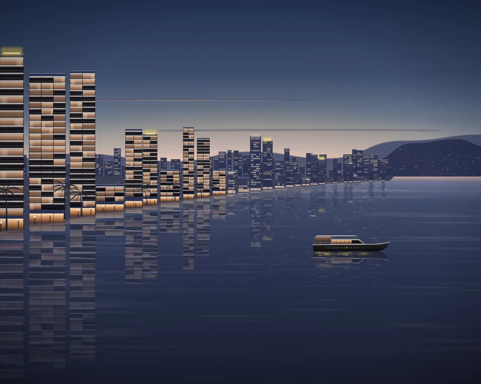 Illustration: the bay at dusk in January, a clear sky and calm water