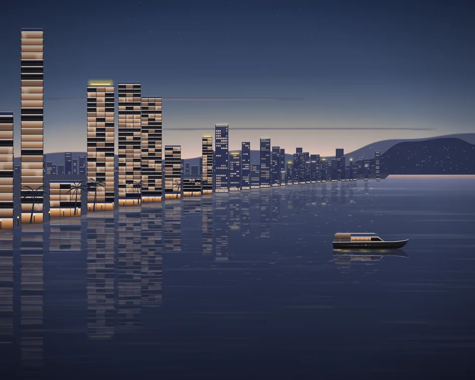 Illustration: the bay at dusk in February, a clear sky and calm water
