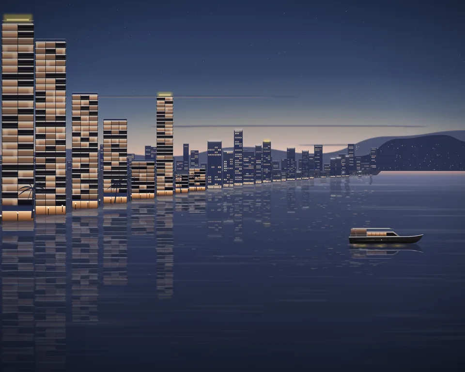Illustration: the bay at dusk in March, a warm haze on the horizon