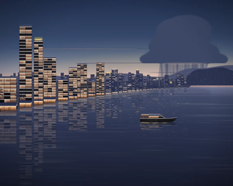 Illustration: the bay at dusk in April, a hot haze on the horizon and a single shower far out