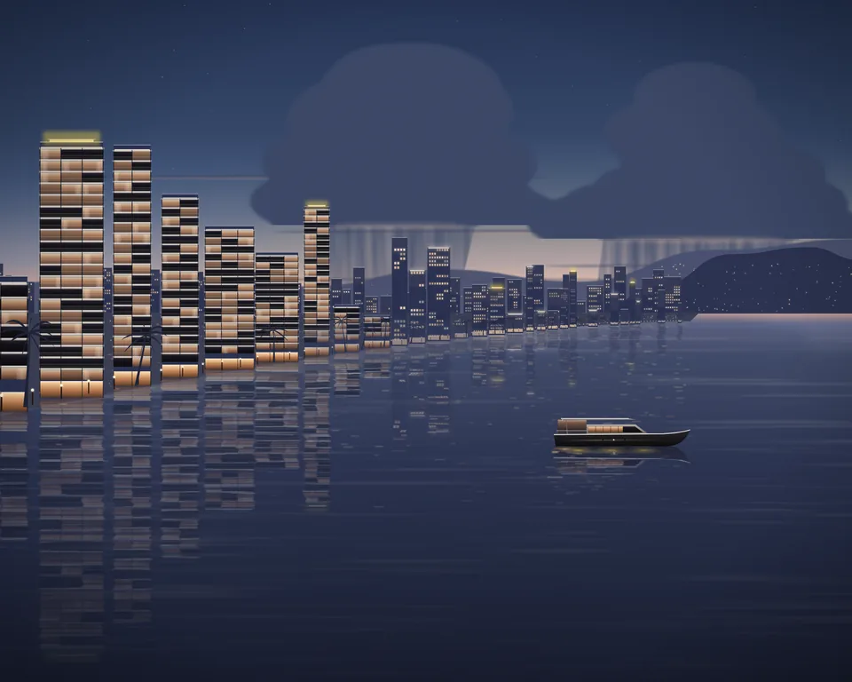 Illustration: die Bucht in der Abenddämmerung im Mai, die ersten Gewitterwolken und Schauer über dem Meer