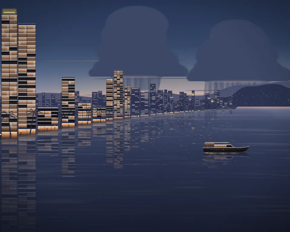 Illustration: the bay at dusk in June, a passing shower over the water