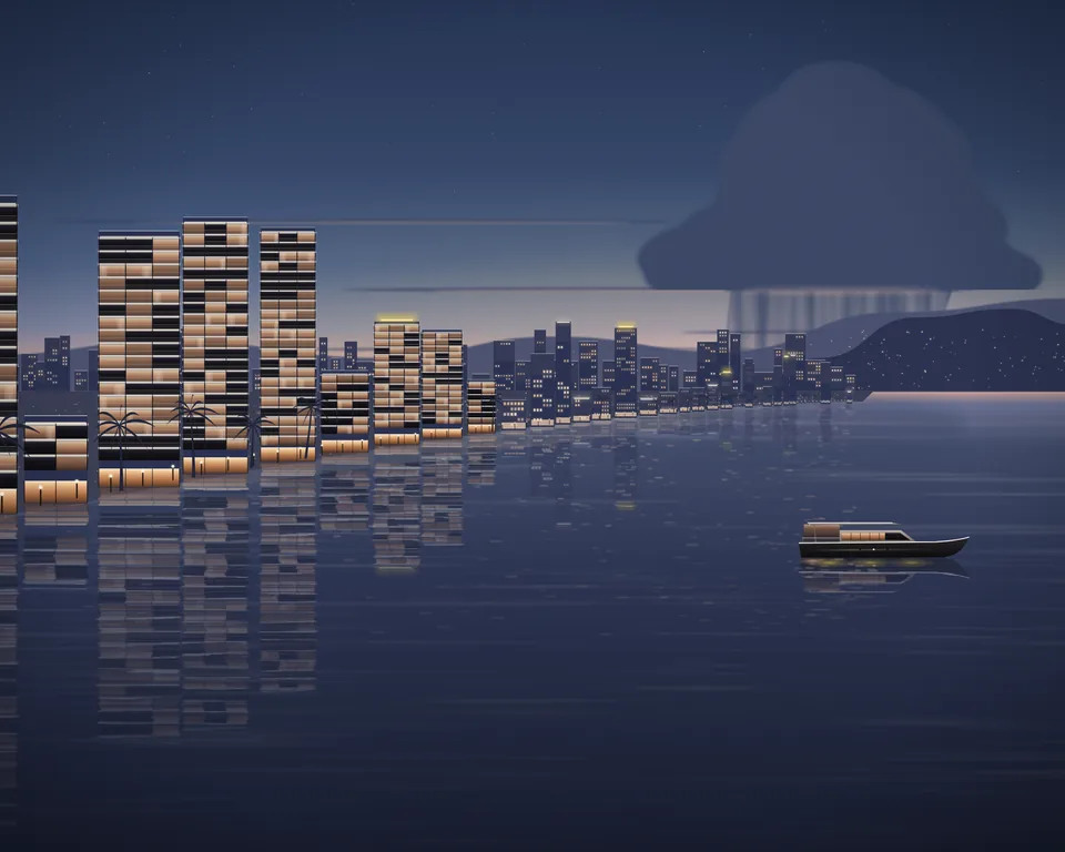 Illustration: the bay at dusk in July, a passing shower over the water