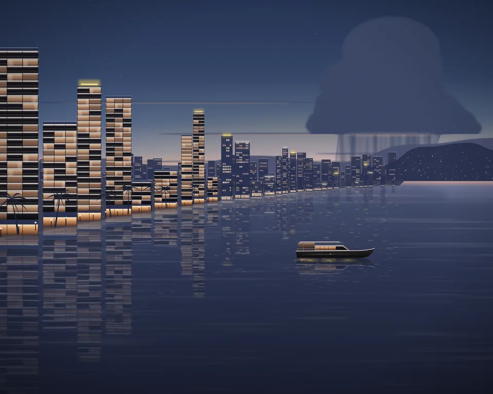 Illustration: the bay at dusk in August, showers over the water