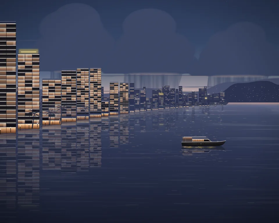 Illustration: the bay at dusk in September, heavy rain clouds over the sea