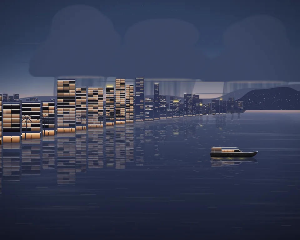 Illustration: the bay at dusk in October, heavy rain clouds and rough water