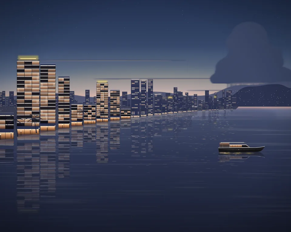 Illustration: the bay at dusk in November, the last shower moving away