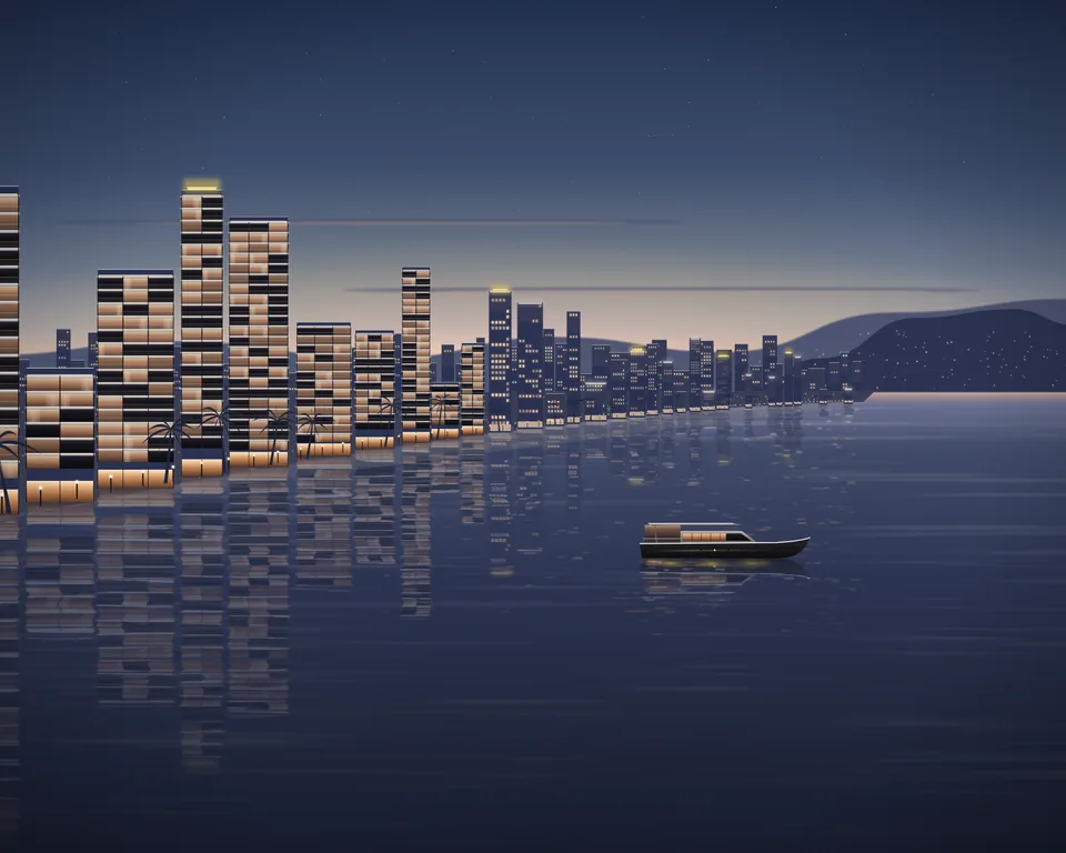 Illustration: the bay at dusk in December, a clear sky and calm water